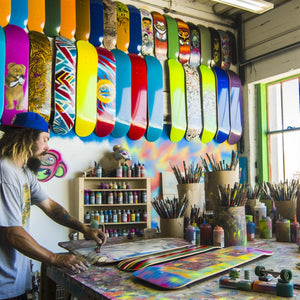 Artist 'T-Bone' Gregory at Agent Green Thumb merges art and skateboarding with eco-activism, offering vibrant, customizable decks and complete skate kits.