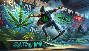 A dynamic image featuring a skateboarder performing a trick amidst street art, subtly incorporating Agent Green Thumb and CIA branding, with graffiti that blends cannabis motifs with youthful energy and rebellion.