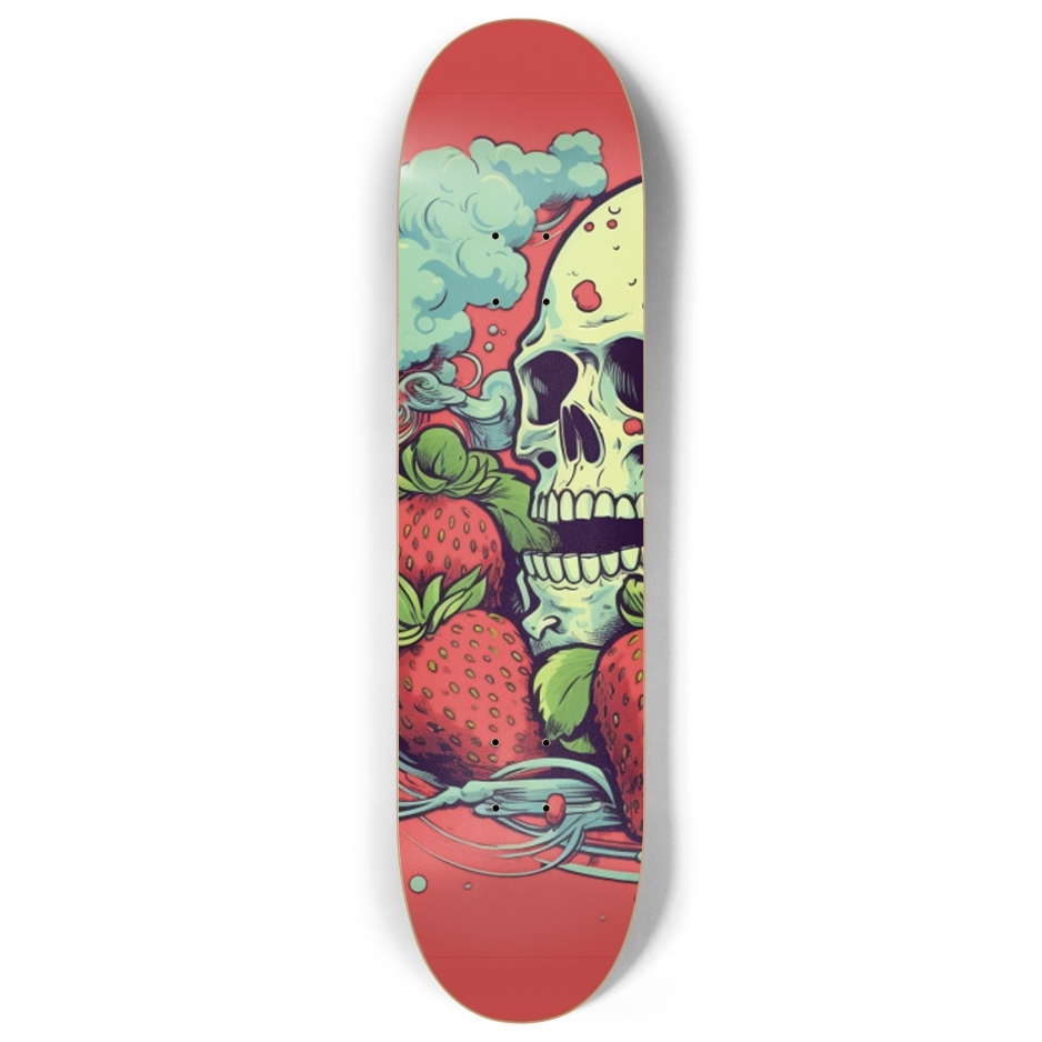 Bold red skateboard deck featuring intricate tattoo-style artwork inspired by the Strawberry Cough cannabis strain.