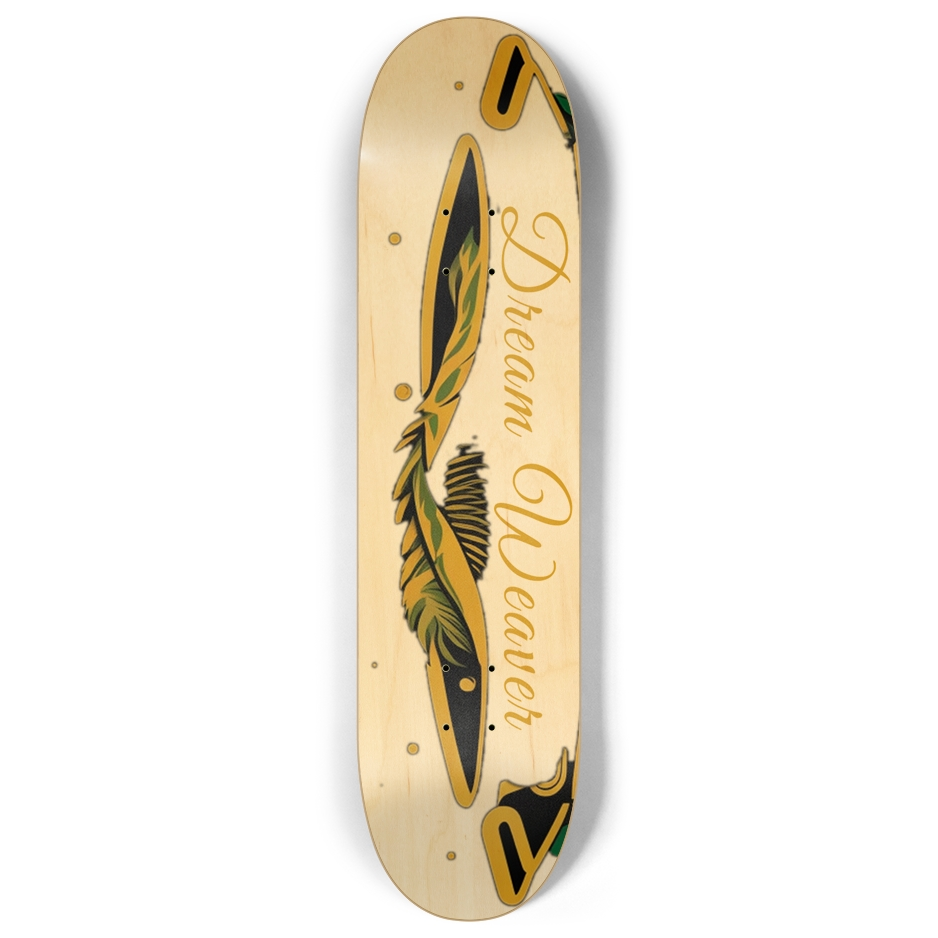 Skateboard deck inspired by the Dream Weaver cannabis strain, featuring ethereal designs that capture the imagination and spirit of creativity.