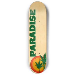 Skateboard deck with "Paradise" in large green letters and cannabis leaves as palm trees, embodying a tropical escape on wood texture.