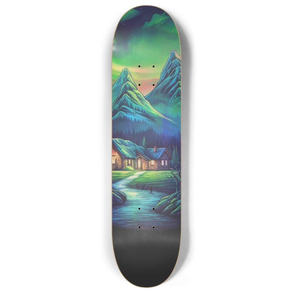 Holographic scenic skateboard deck inspired by the Northern Lights cannabis strain, with mountains, stream, and cabin, shining with movement.
