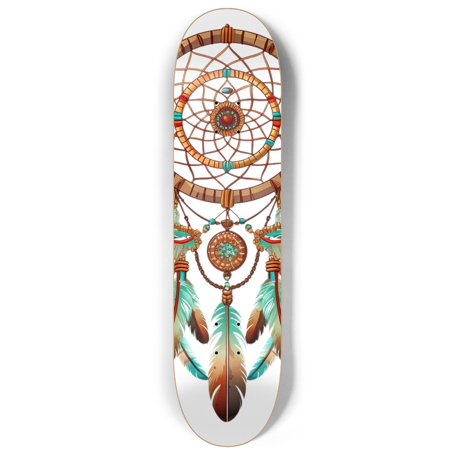 Mystical dream catcher design skateboard deck, inspired by the Dream Catcher cannabis strain, embodying legends and rides whispered by Agent Green Thumb.