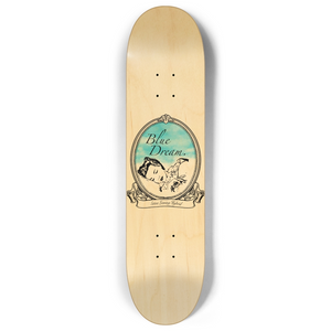 Elegant pen artwork of a sleeping woman on a skateboard deck with a wood finish, inspired by the calming essence of the Blue Dream cannabis strain.
