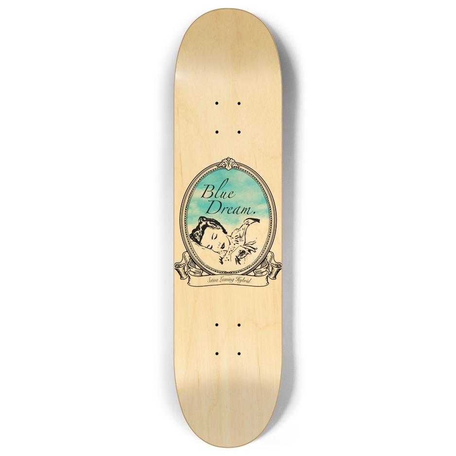 Elegant pen artwork of a sleeping woman on a skateboard deck with a wood finish, inspired by the calming essence of the Blue Dream cannabis strain.