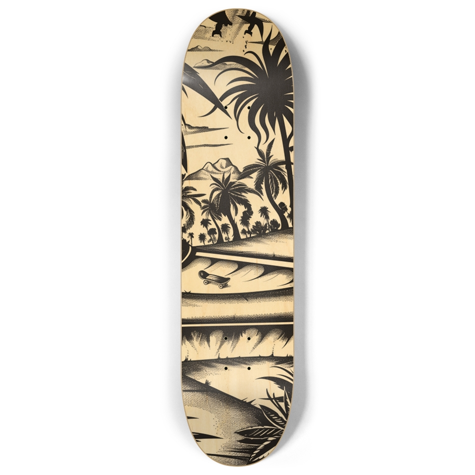 8in Venice Beach Palms Skate Deck with a vibrant design of palm trees overlooking a bustling skatepark, embodying the spirit of Los Angeles' skate culture.