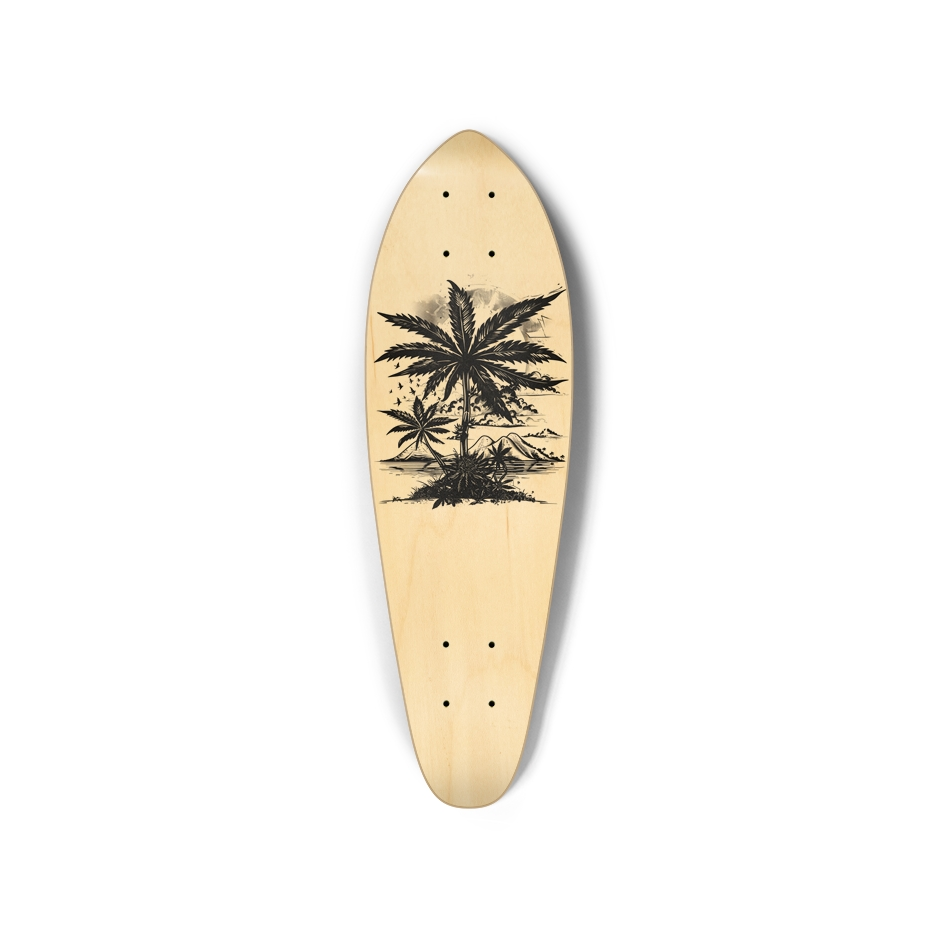 Mini Cruiser Skateboard with Beachside Shadows Design - Intricate black ink palm trees on a serene beach depicted on a 7.5 x 24.2 inches limited edition deck, blending skate culture with coastal art.