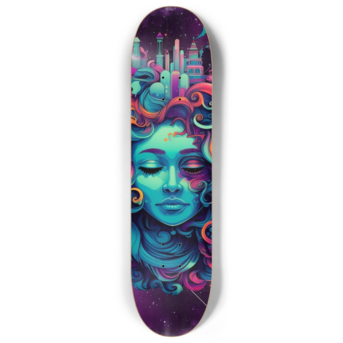 Skateboard deck mockup featuring the vibrant 'Zestful Burst' design, illustrating an energizing and dynamic theme, perfect for showcasing both the artistry and functionality of the board.