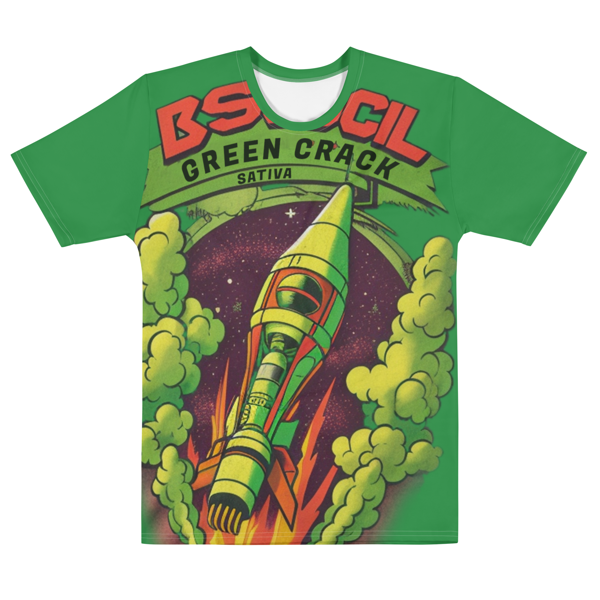 Flat mock-up of the Green Crack spaceship t-shirt, showcasing its vibrant green color and playful rocket ship design, symbolizing the uplifting effects of the Green Crack cannabis strain.