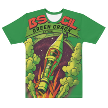 Load image into Gallery viewer, Flat mock-up of the Green Crack spaceship t-shirt, showcasing its vibrant green color and playful rocket ship design, symbolizing the uplifting effects of the Green Crack cannabis strain.