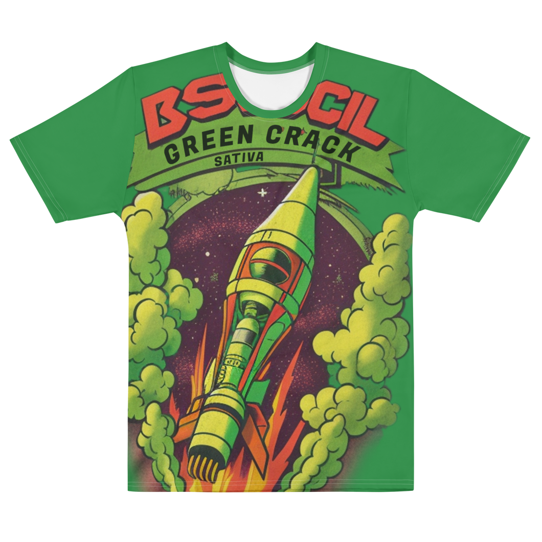 Flat mock-up of the Green Crack spaceship t-shirt, showcasing its vibrant green color and playful rocket ship design, symbolizing the uplifting effects of the Green Crack cannabis strain.