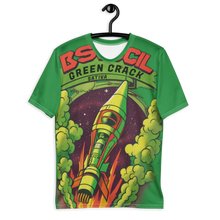 Load image into Gallery viewer, Green Crack spaceship t-shirt displayed on a hanger, highlighting its vibrant green color and unique rocket ship design, a nod to the uplifting Green Crack cannabis strain.
