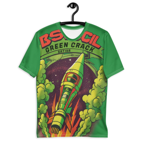 Green Crack spaceship t-shirt displayed on a hanger, highlighting its vibrant green color and unique rocket ship design, a nod to the uplifting Green Crack cannabis strain.