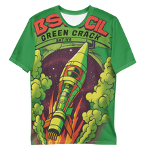 Load image into Gallery viewer, &quot;Relaxed and slightly wrinkled Green Crack spaceship t-shirt, emphasizing its comfortable fit and the playful rocket ship design, inspired by the uplifting Green Crack cannabis strain.