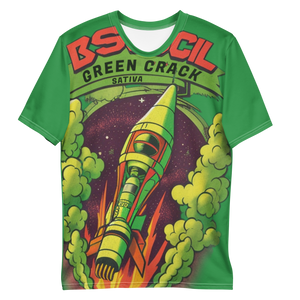 "Relaxed and slightly wrinkled Green Crack spaceship t-shirt, emphasizing its comfortable fit and the playful rocket ship design, inspired by the uplifting Green Crack cannabis strain.