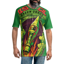Load image into Gallery viewer, Model casually wearing the Green Crack spaceship t-shirt, showcasing its vibrant green color, comfortable fit, and unique rocket ship design, inspired by the uplifting Green Crack cannabis strain.