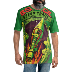 Model casually wearing the Green Crack spaceship t-shirt, showcasing its vibrant green color, comfortable fit, and unique rocket ship design, inspired by the uplifting Green Crack cannabis strain.