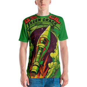 "Front view of a man confidently donning the Green Crack spaceship t-shirt, displaying its vibrant green color and unique rocket ship design, embodying the spirit of the Green Crack cannabis strain.