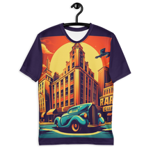 Load image into Gallery viewer, Retro Revelry Tee on hanger, its steampunk comic artwork displayed in full glory, a testament to covert style and historical homage.