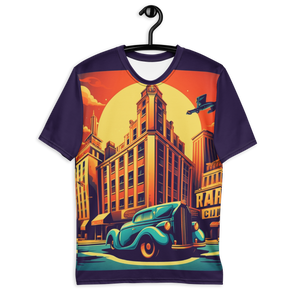 Retro Revelry Tee on hanger, its steampunk comic artwork displayed in full glory, a testament to covert style and historical homage.