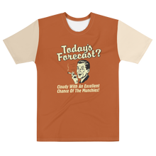 Load image into Gallery viewer, Orange shirt with vintage photo design and &quot;Forecast today cloudy with a chance of munchies - stretched out flat shirt frint