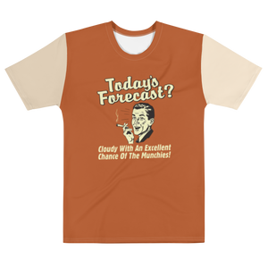 Orange shirt with vintage photo design and "Forecast today cloudy with a chance of munchies - stretched out flat shirt frint