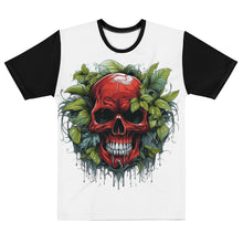 Load image into Gallery viewer, Covert Crimson Tee laid flat, showcasing the striking red skull design against black sleeves, symbolizing bold adventures and hidden tales.