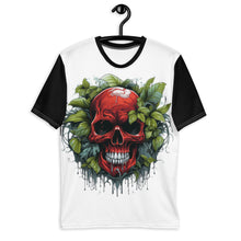 Load image into Gallery viewer, Covert Crimson Tee on a hanger, highlighting the vibrant red skull and discreet green motifs, ready to weave stories of intrigue.