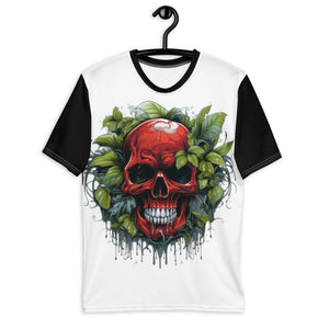Covert Crimson Tee on a hanger, highlighting the vibrant red skull and discreet green motifs, ready to weave stories of intrigue.