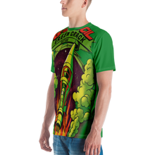 Load image into Gallery viewer, Left side view of a man showcasing the Green Crack spaceship t-shirt, emphasizing its vibrant green color and the unique rocket ship design, inspired by the Green Crack cannabis strain.