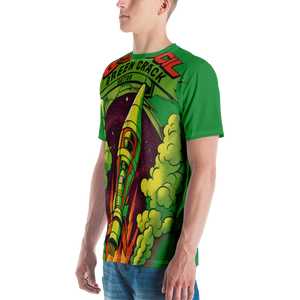 Left side view of a man showcasing the Green Crack spaceship t-shirt, emphasizing its vibrant green color and the unique rocket ship design, inspired by the Green Crack cannabis strain.