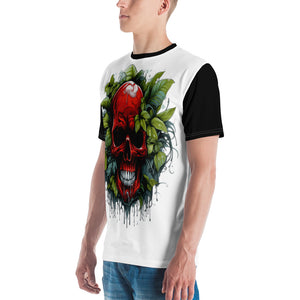 Durban Poison Red Skull Shirt - The Covert Hint at Your Fave StrainModel posing right, the Covert Crimson Tee's green leafy accents subtly peeking out, inviting speculation and shared secrets.