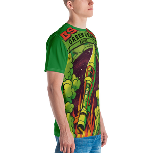 Right side view of a man wearing the Green Crack spaceship t-shirt, highlighting its vibrant green hue and playful rocket ship design, a nod to the uplifting Green Crack cannabis strain.