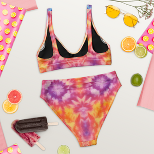Summer setup with back view of tie dye two-piece swimsuit - Summer time, lemon, lime, popsicle