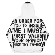 Load image into Gallery viewer, Back view of the ChillWave &#39;Value Your Opinion&#39; Hoodie in white, emphasizing the comfortable fit and minimalist design, perfect for any gender., hood up.
