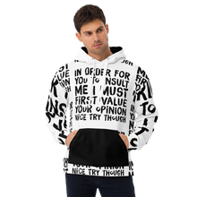 Load image into Gallery viewer, Model dons the ChillWave Hoodie, front view, featuring the defiant &#39;Value Your Opinion&#39; text, black pocket, and hood interior, embodying comfort and cool defiance.