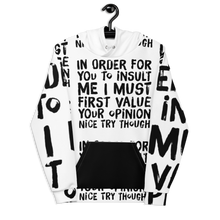 Load image into Gallery viewer, Front view of the ChillWave Hoodie on a hanger, highlighting the bold statement text and soft cotton-feel fabric face against the crisp white background.
