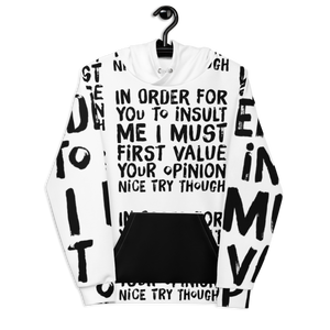 Front view of the ChillWave Hoodie on a hanger, highlighting the bold statement text and soft cotton-feel fabric face against the crisp white background.