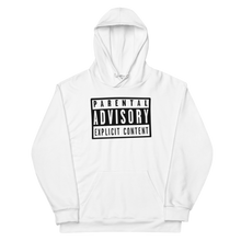 Load image into Gallery viewer, &quot;Eco-conscious white unisex hoodie featuring the iconic Parental Advisory logo, with ultra-soft brushed fleece interior.&quot;