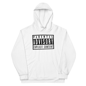 "Eco-conscious white unisex hoodie featuring the iconic Parental Advisory logo, with ultra-soft brushed fleece interior."