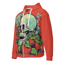 Load image into Gallery viewer, Red zip-up hoodie with eco-friendly materials, featuring a unique skull and strawberries design inspired by the Strawberry Cough strain. - 3D Mock up of shirt
