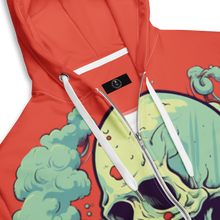Load image into Gallery viewer, Red zip-up hoodie with eco-friendly materials, featuring a unique skull and strawberries design inspired by the Strawberry Cough strain. - Tag and close up