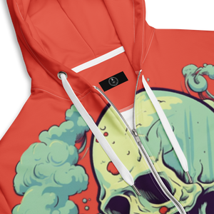 Red zip-up hoodie with eco-friendly materials, featuring a unique skull and strawberries design inspired by the Strawberry Cough strain. - Tag and close up