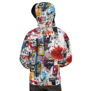 Unisex hoodie with vibrant print laid flat"