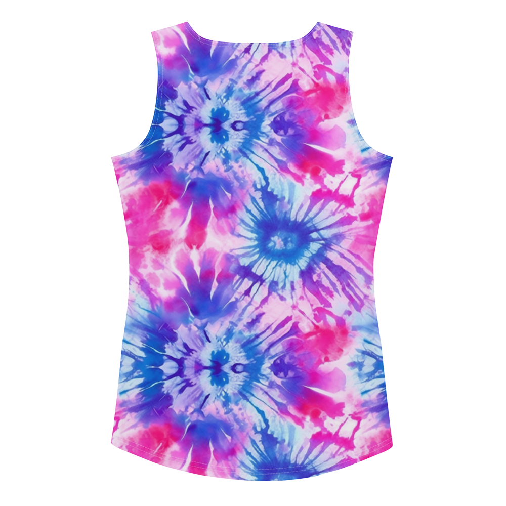 Flat lay of the Radiant Swirl Tank Top showcasing the vibrant tie-dye pattern in summer hues of pink, purple, and blue. back