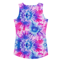 Load image into Gallery viewer, Flat lay of the Radiant Swirl Tank Top showcasing the vibrant tie-dye pattern in summer hues of pink, purple, and blue. back