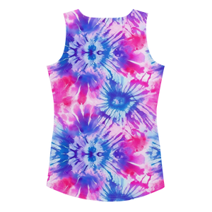 Flat lay of the Radiant Swirl Tank Top showcasing the vibrant tie-dye pattern in summer hues of pink, purple, and blue. back