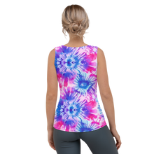 Load image into Gallery viewer, Tie-Dye Blue, purple, pink Tank TopModel basking in the summer sun wearing the Radiant Swirl Tank Top, perfectly embodying the joy and vibrant style of the season back
