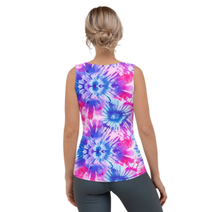 Tie-Dye Blue, purple, pink Tank TopModel basking in the summer sun wearing the Radiant Swirl Tank Top, perfectly embodying the joy and vibrant style of the season back