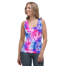 Load image into Gallery viewer, Radiant Swirl Tank Top showcasing the vibrant tie-dye pattern in summer hues of pink, purple, and blue.